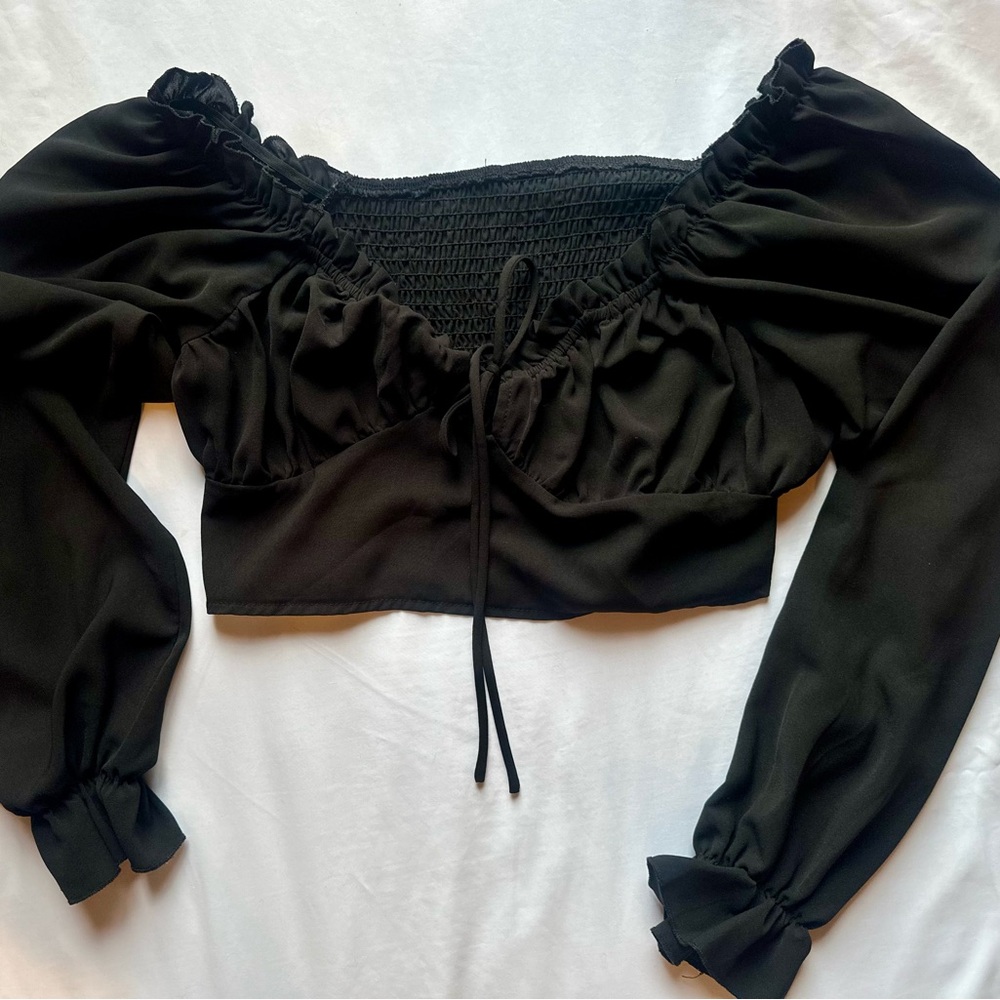Black Smocked Crop Blouse with Long Sleeves